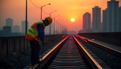 Naklejka premium Man walking on the railway.
