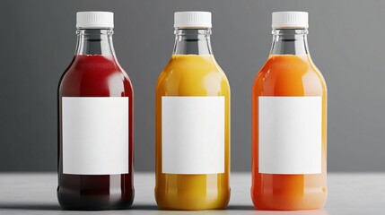 Assorted glass bottles filled with colorful juices with blank labels on a white surface for beverage branding mockup