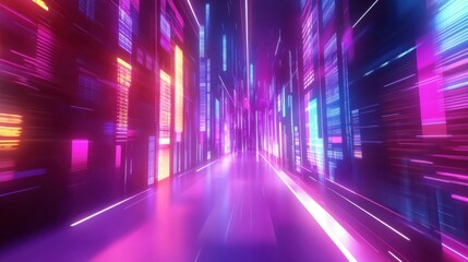 Fototapeta premium Futuristic Digital Corridor with Vibrant Neon Lights and Speeding Motion Blur Representing Technology and Innovation in a Sci-Fi Environment