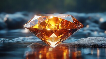 Gleaming golden diamond reflecting in tranquil waters, evoking richness and sparkle