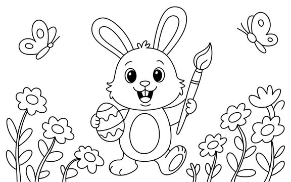 bunny painting easter egg and some flowers, coloring page ready to print on standard 8.5x11 inch paper. AI JPGE