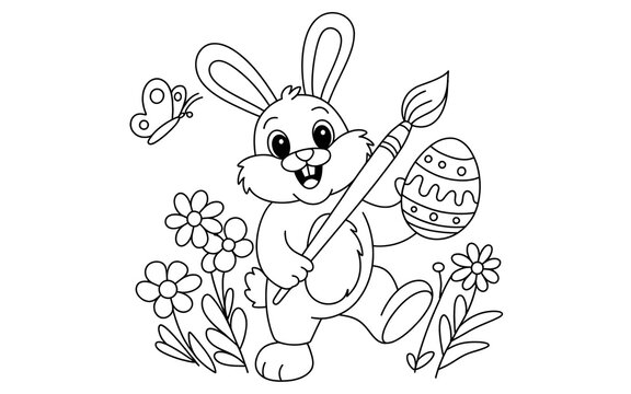 bunny painting easter egg and some flowers, coloring page ready to print on standard 8.5x11 inch paper. AI JPGE