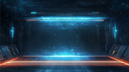 Obraz premium Futuristic Stage: A mesmerizing futuristic stage, bathed in neon light, offering a striking visual experience for your content or presentations. 