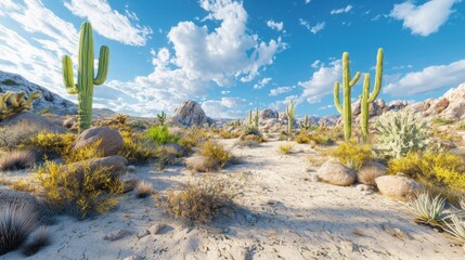Sunny desert landscape with cacti and rocks.
