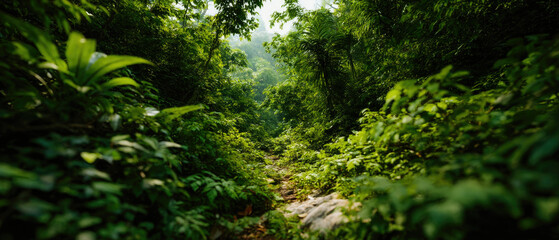 Fototapeta premium Lush green jungle path scenic view dense foliage tropical forest landscape