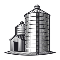 Create a bold, vector illustration of a grain storage silo, emphasizing strong, thick outlines and clean lines.  Include details like ladders and vents. © takasan