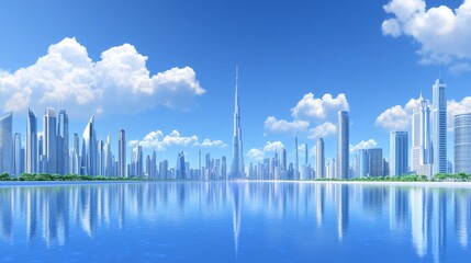 A city skyline absorbing solar power from the sun, refueling the urban landscape with clean energy