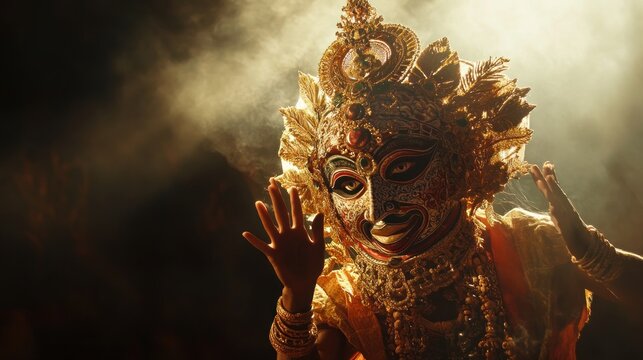 Masked dancer performing Chhau dance, India, smoky stage