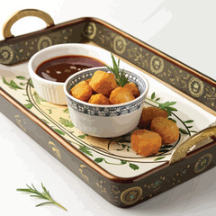  nuggets with sauce in small bowl in beautiful tray