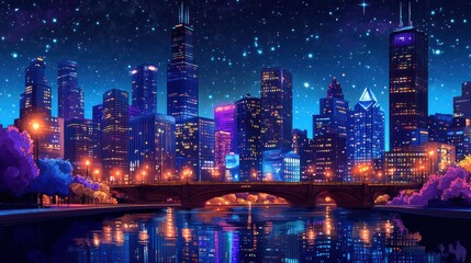 Obraz premium Night Chicago Skyline, River Reflection, Starry Sky, Cityscape, Digital Art