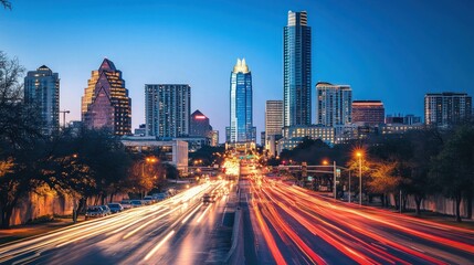 Fototapeta premium Austin skyline twilight highway traffic cityscape