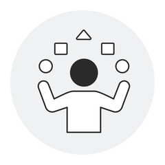 Task Juggling. Flat-outline icon illustrating multitasking and balanced workload management with a person juggling tasks.