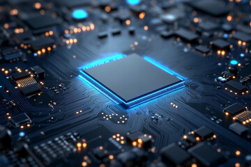 Circuit board features electric blue lights illuminating intricate pathways and connections, showcasing advanced technology in a close-up view