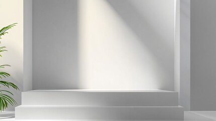Obraz premium Empty white product display shelf near soft light and plant shadow for modern interior design.