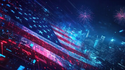 Fototapeta premium American flag, digital fireworks, cityscape, celebration