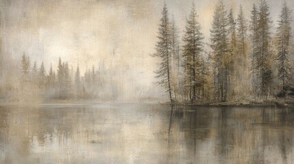 Misty lake reflecting serene autumn trees.