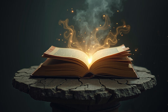 Glowing open book emitting magical light and smoke, mystical, revealing, on a stone pedestal