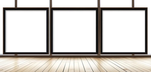 Modern gallery with minimalist abstract paintings on white walls, light wooden floor, clean exhibition space, contemporary art display