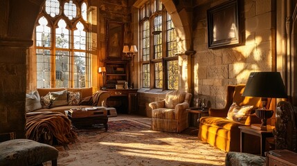 Sunlit stone room with antique furniture and large windows.