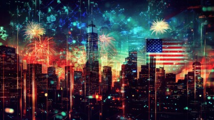 Fototapeta premium Festive NYC Skyline Fireworks 4th July Celebration