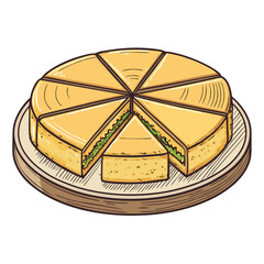 Create a bold, vector illustration of a sliced martabak telur.  Showcase its layered texture and rich filling. High detail is crucial.