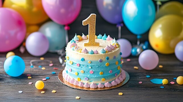 First birthday cake decorated with sprinkles and number one candle sitting on wooden table