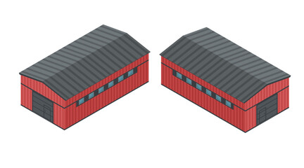 Isometric set of red industrial buildings. Warehouse structures. Factory facilities. Metal and concrete industrial constructions. Commercial storage buildings. Vector illustration isolated on white