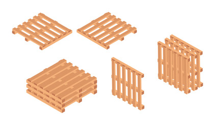 Isometric set of wooden pallets. Different pallet configurations. Shipping and storage platforms. Warehouse logistics equipment. Vector illustration isolated on white background