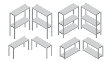 Collection of isometric metal shelving units. Empty warehouse racks. Aluminum industrial storage solutions. Modular metal furniture. Warehouse equipment. Vector illustration isolated on white
