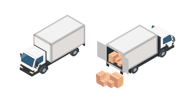 Isometric delivery trucks with cargo. Commercial shipping vehicles. Cardboard boxes for shipping. Delivery service vehicles. Vector illustration isolated on white background