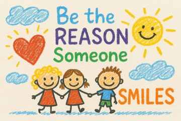 Colorful crayon drawing of three happy children holding hands with positive message and sun