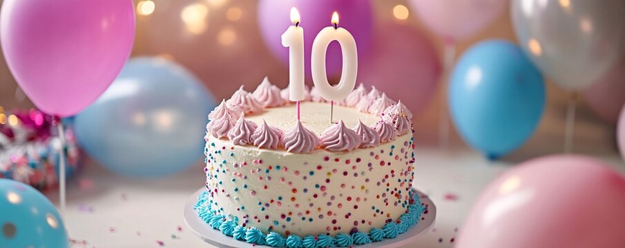 Birthday cake with number ten candles celebrating tenth birthday party
