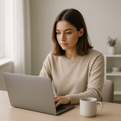 Fototapeta premium AI-generated digital illustration of a young woman working on a laptop with a cup of coffee. Cozy minimalist home office scene. Ideal for business, remote work, or lifestyle content.