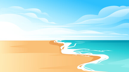 Tropical beach landscape. Curved sandy beach. Turquoise water with gentle waves. Clear blue sky. Center-right section of panoramic seascape. Vacation destination view. Vector scenery illustration