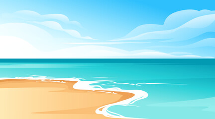 Tropical beach landscape. Turquoise ocean water. Sandy shoreline. Blue sky with white clouds. Coastal scenery. Vacation destination. Left section of panoramic seascape. Vector illustration