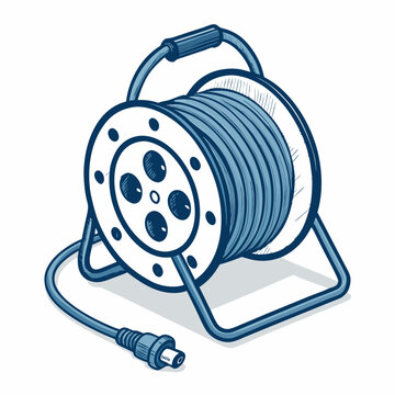 recommend clip art: Create a vector illustration of a bold, black-outlined extension cord reel, emphasizing thick strokes and sharp details.  Include the power cord.