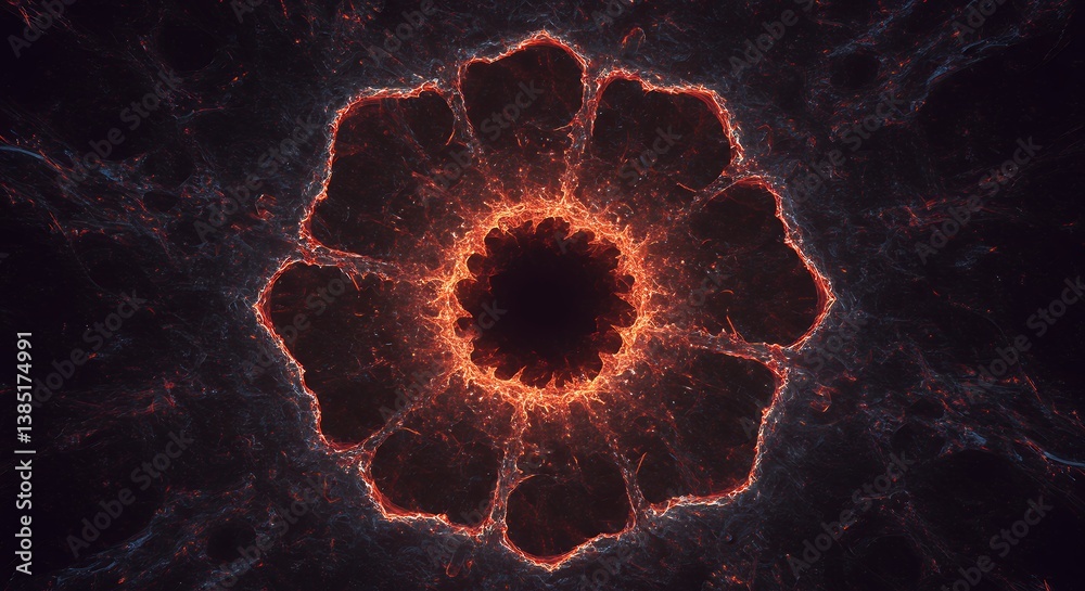 Poster abstract fractal design featuring a mesmerizing fiery flower pattern with intricate details and a da