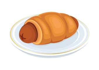 Sausage roll savoury dish on a plate vector illustration. Sausage meat wrapped in puff pastry icon vector. Pigs in a blanket icon vector isolated on a white background