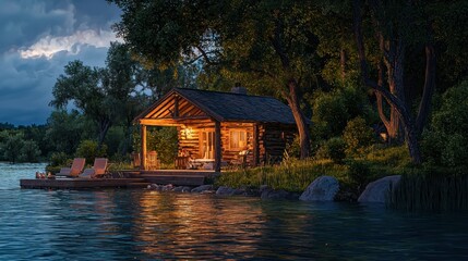 Obraz premium Lakeside log cabin at dusk, illuminated interior, tranquil scene.