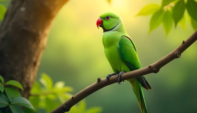 Male and female parakeets share a moment on a tree, with vibrant fields and a warm golden sky.