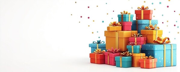 Colorful gift boxes stacked with starry background, festive and joyful atmosphere, vibrant wrapping paper, holiday celebration theme