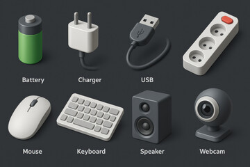 Collection of 3d electronics icons featuring usb, charger, battery, and more