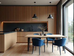 Modern interior design of minimalist wooden kitchen with black concrete backsplash, dining table and blue velvet chairs. 