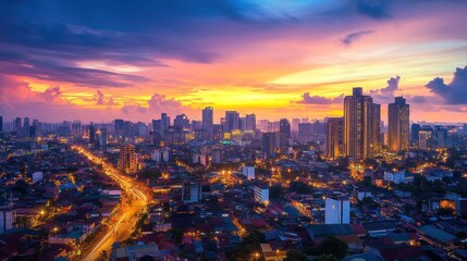 Fototapeta premium Cityscape sunset aerial view, vibrant twilight, highway traffic, buildings