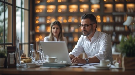 Hombre y mujer delante de un ordenador portátil en un restaurante. 