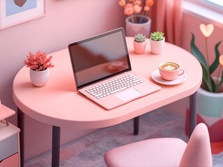 Fototapeta premium Pastel colored illustration of a home office set up