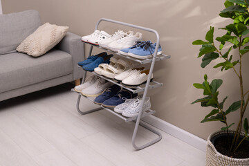 Stylish interior of modern hall with shoes on stand