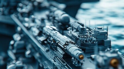 Fototapeta premium Futuristic warship weapon detail, icy planet background, sci-fi concept art