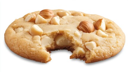 Macadamia nut cookie with bite mark, showing nut pieces and soft dough, cut-out on transparent background