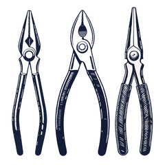Create a bold, vector illustration of a pliers set, focusing on one pair with highly defined, thick strokes.  Include realistic metallic sheen.